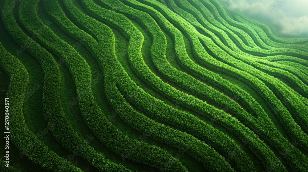 Fototapeta premium Lush Green Rolling Hills with Wavy Patterns Under Soft Cloudy Sky