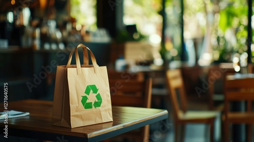 Eco-Friendly Paper Bag with Recycling Symbol on Cafe Table