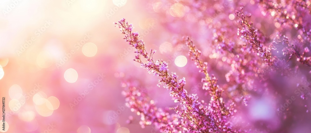 Fototapeta premium Delicate pink blossoms shimmering in soft sunlight, creating a dreamy atmosphere with a blurred background