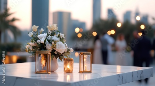 Elegant floral arrangement and lanterns at a romantic outdoor wedding