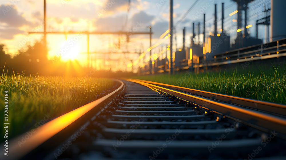 Obraz premium Railroad Tracks Leading to Industrial Area at Sunset with Golden Sky and Green Grass