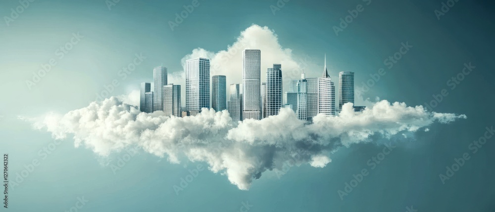 Fototapeta premium A surreal cityscape floating above clouds, showcasing modern architecture against a serene blue sky