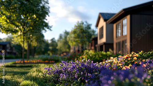 Wallpaper Mural Residential Houses with Modern Design Amidst Green Landscaping and Blooming Flowers in Sunlight Torontodigital.ca