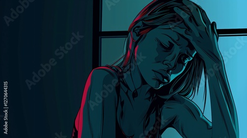 Cartoon Character of a Young Woman Awakening at Night