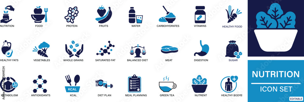 Nutrition icon set. food, vegetables, water, meal planning, fruits, dietary fiber, protein, vitamins You can easily change the color.
