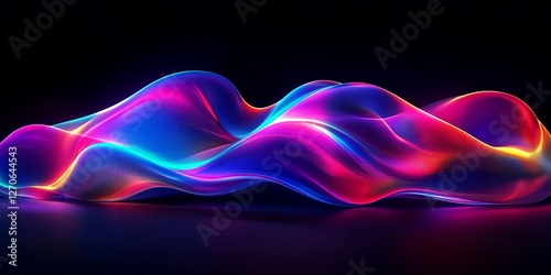 3D rendering of an abstract fluid holographic wave in neon hues, with black background. 