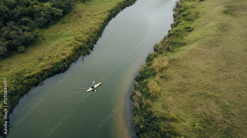 Kayaker navigating a winding river using a waterproof map Kayaker navigating a winding river using a waterproof map
