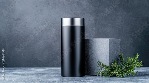 Wallpaper Mural Sleek black thermos, stone backdrop, winter sprig. Product photography for online store Torontodigital.ca