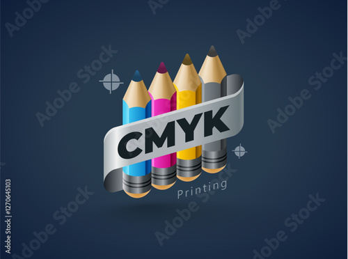 Logo CMYK printing theme Pencils colored . Template design vector. Black background.