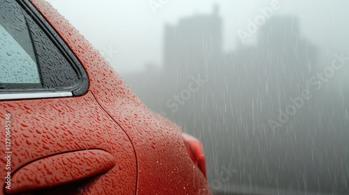 Acid rain climate change idea. A close-up of a wet car in the rain, blurred cityscape in the background.