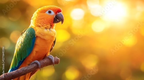 Colorful Parrot Perched on Branch with Sunlight Background. Generative AI photo