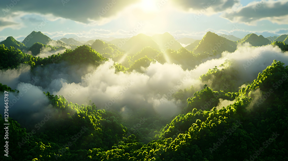 Obraz premium Vibrant Green Mountain Landscape with Rolling Fog and Bright Sunlight in the Blue Sky