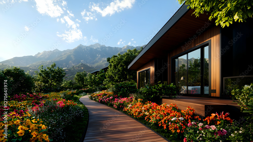 Obraz premium Scenic Garden Path Leading to a Modern House with Mountain Views Under a Bright Blue Sky