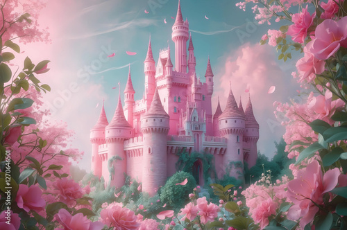 Dreamy Fairytale Castle with Pink Towers in a Magical Landscape – Surrounded by Lush Greenery, Vibrant Flowers, and a Soft Gradient Sky with Floating Petals for a Whimsical Fantasy Scene