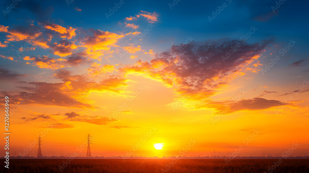 Fototapeta premium Vibrant Orange Sunset with Dramatic Clouds over Flat Horizon and Grass Field in Warm Evening Light