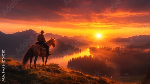 Fototapeta Naklejka Na Ścianę i Meble -  A cowboy on horseback watching the sunset over the mountains and river. Generative AI