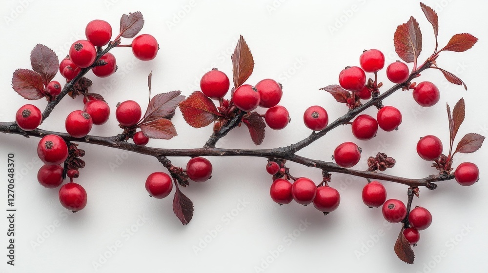 Branch of bright red berries with leaves on a soft white background. Generative AI Branch of bright red berries with leaves on a soft white background. Generative AI
