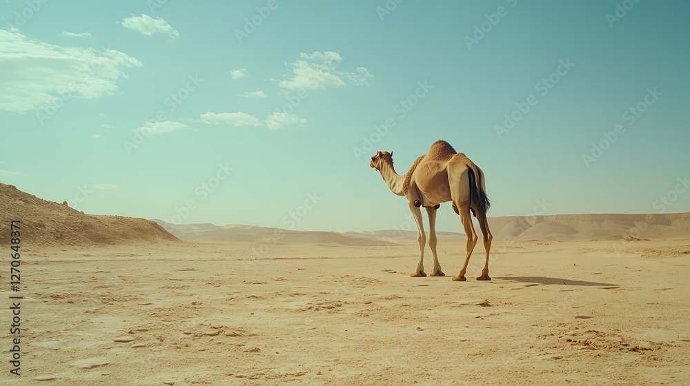 Camel gracefully strolls through a vast desert landscape under a bright blue sky in the afternoon Camel gracefully strolls through a vast desert landscape under a bright blue sky in the afternoon