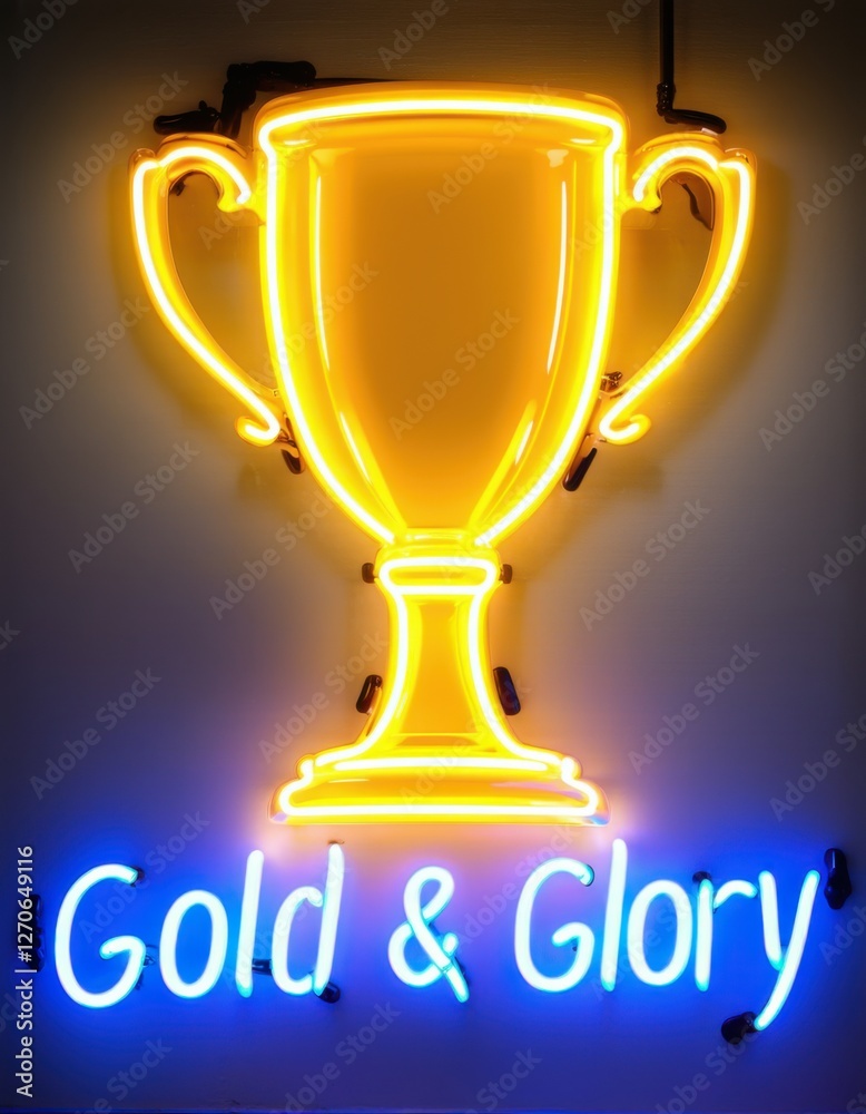 Neon sign displaying Gold and Glory with a glowing trophy and golden bars, radiating success and achievement in vibrant yellow and blue neon lights Neon sign displaying Gold and Glory with a glowing trophy and golden bars, radiating success and achievement in vibrant yellow and blue neon lights