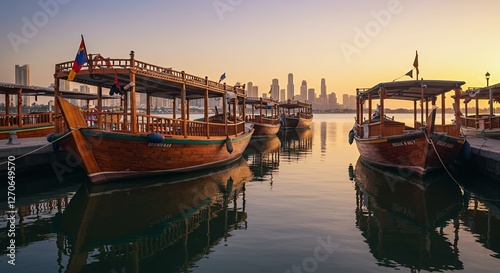 Wallpaper Mural Sunset reflections over wooden dhows in a bustling harbor by the city skyline Torontodigital.ca