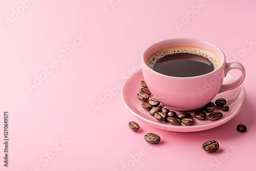 Pink cup, coffee, beans, pink background, cafe
