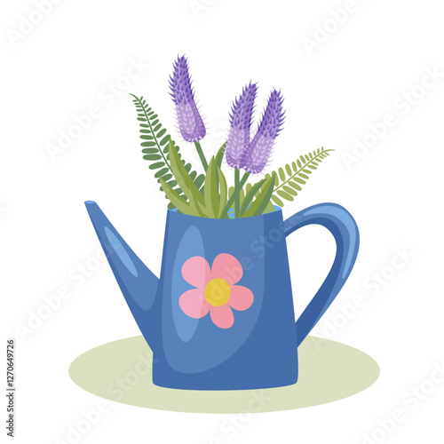 Blue vector watering can with purple celosia flowers and fern leaves. Spring illustration on white background