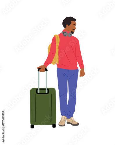Black man tourist standing with Suitcase, bag. Travel and vacation concept. Cartoon african american male traveler in casual clothes, headphones. Vector Illustration isolated 