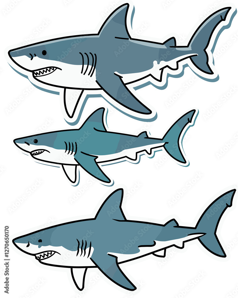 Obraz premium 3 Different shark sticker designs showcasing marine life in a playful and stylized manner