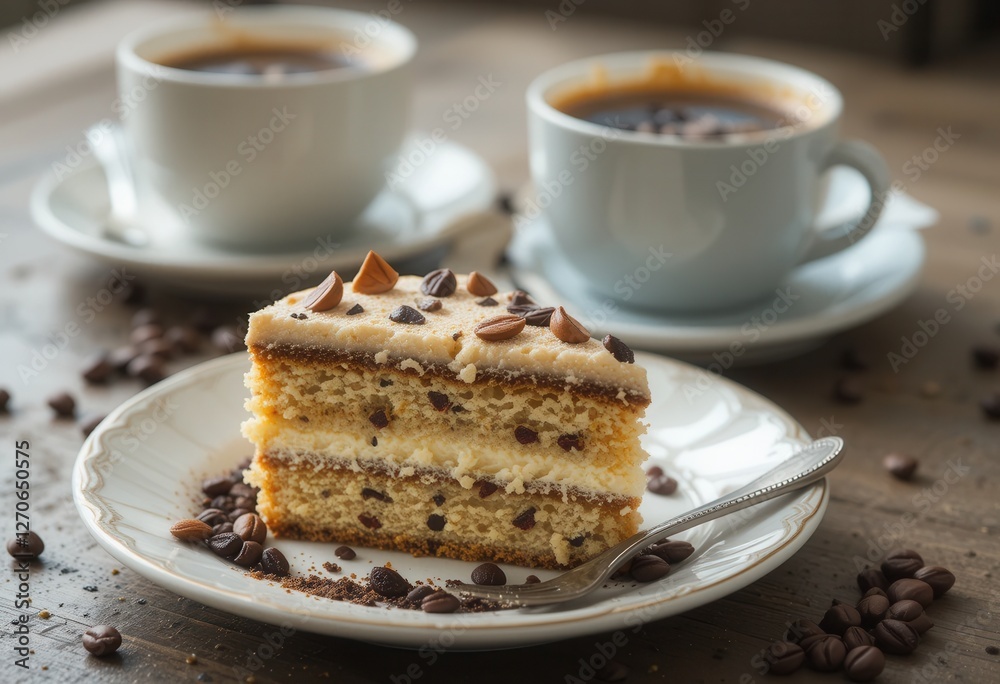 Delicious cake slice with coffee on a rustic wooden table Delicious cake slice with coffee on a rustic wooden table