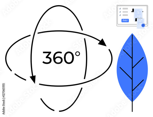 360-degree arrows around central text, paycheck icon with PAY text, and blue leaf. Ideal for environmental awareness, circular economy, holistic views, financial transactions, nature, sustainability