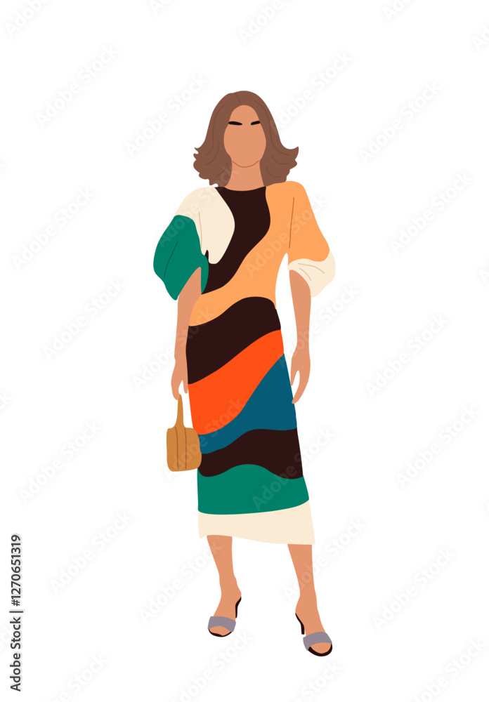 Stylish girl wearing fashionable long dress, holding hand bag. Young woman standing in smart casual summer clothes. Vector illustration isolated Stylish girl wearing fashionable long dress, holding hand bag. Young woman standing in smart casual summer clothes. Vector illustration isolated