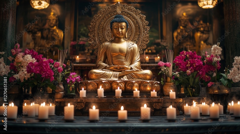 Fototapeta premium Golden Buddha Statue Surrounded by Candles and Flowers. Generative AI