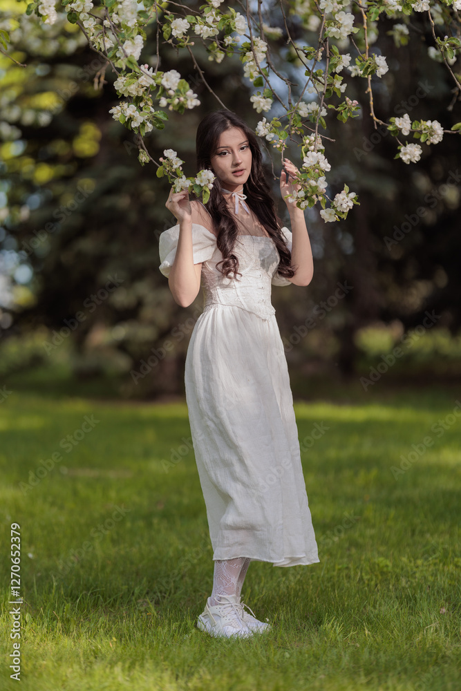 Naklejka premium Beautiful Girl with long hair poses near white blossoming apple trees