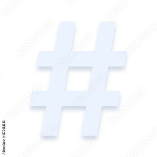 Light blue # number sign hash symbol with a soft shadow down on transparent background