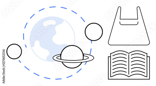 Earth and planets surrounded by circles, an open book, and a shopping bag. Ideal for education, sustainability, exploration, science, learning consumerism future. Abstract line flat metaphor