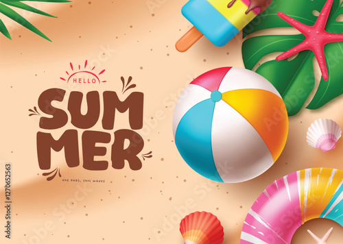 Hello summer greeting text in sand with floaters, popsicle, sea shells, palm leaves, monstera leaves and starfish beach elements for outdoor travel background, vector illustration.