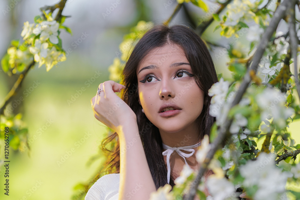 Beautiful Girl with long hair poses near white blossoming apple trees Beautiful Girl with long hair poses near white blossoming apple trees