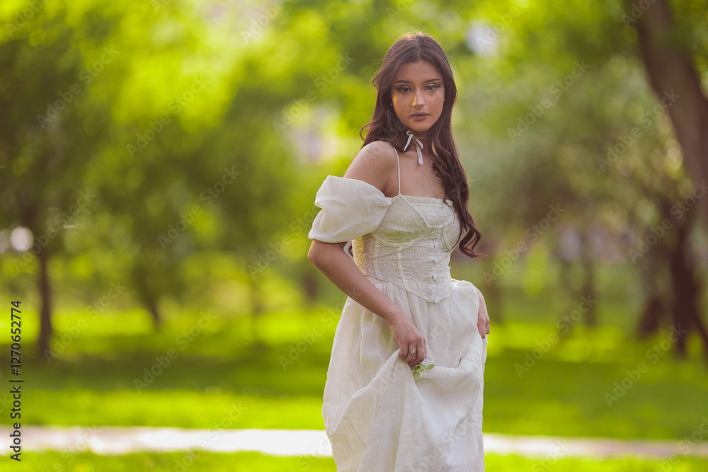 Beautiful Girl with long hair poses near white blossoming apple trees Beautiful Girl with long hair poses near white blossoming apple trees