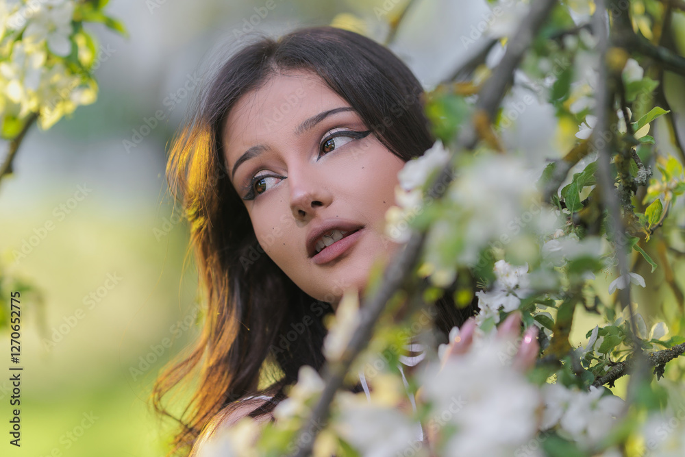 Beautiful Girl with long hair poses near white blossoming apple trees Beautiful Girl with long hair poses near white blossoming apple trees