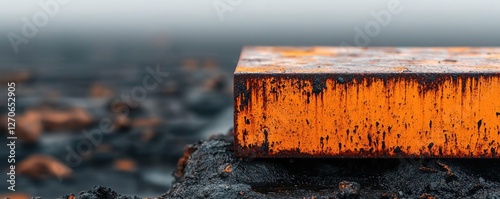 Acid rain climate change concept. Close-up of a weathered metallic surface with an orange coating on a dark backdrop.
