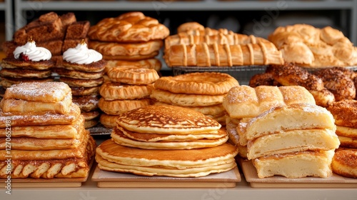 Freshly baked pies and pancakes ready for serving at a Maslenitsa feast photo