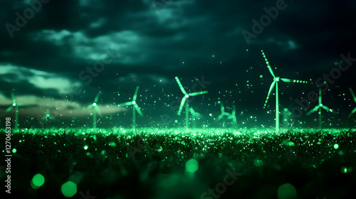Wind Turbines in Field Generating Green Energy Under Dark Cloudy Sky