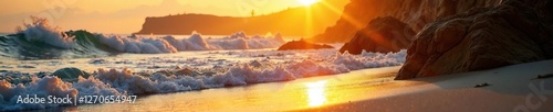 Golden sunlight casts warm glow on sandy shoreline, nature, waterfall, warmth photo