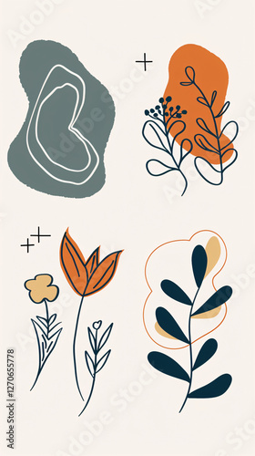 Wallpaper Mural A collection of minimalist doodles showcases various leaves and flowers delicately arranged on a light pastel background Torontodigital.ca