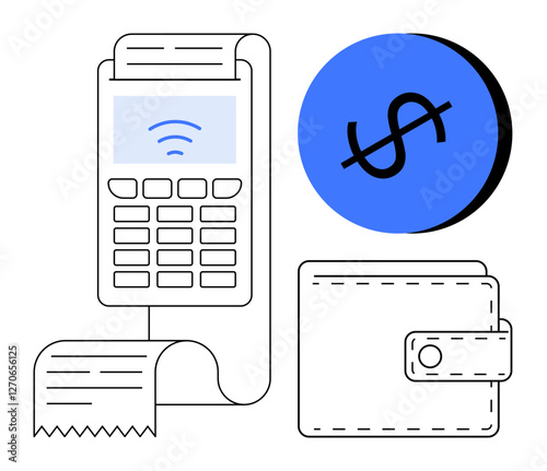 Digital card reader with receipt, wallet, and dollar sign on blue circle background. Ideal for finance, transactions, digital payments, shopping, budgeting, e-commerce and financial technology
