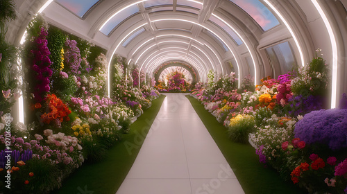 Floral Fantasy Tunnel of Blossoms and Light A Harmonious Blend of Nature and Futuristic Design