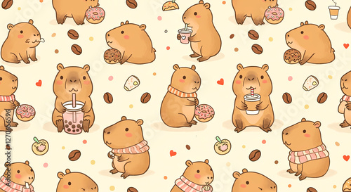 Cute Capybara Coffee and Bubble Tea, Wallpaper Background