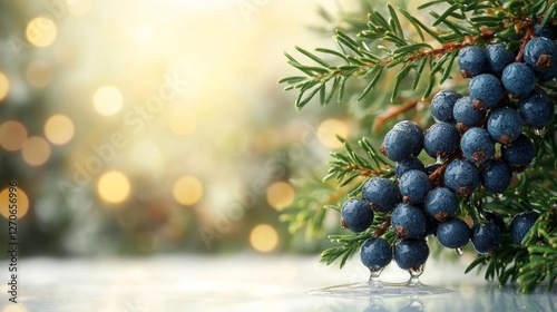 Juniper Berries with Dew and Green Leaves in Natural Setting. Generative AI