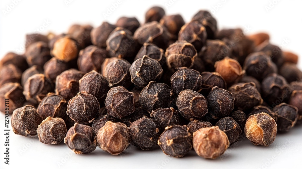 Close-up of black peppercorns isolated on a white background. Generative AI Close-up of black peppercorns isolated on a white background. Generative AI