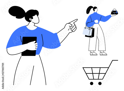 Woman holding a clipboard pointing forward. She carries shopping items in bags. An empty shopping cart is nearby. Ideal for retail, customer service, online shopping, supermarket, consumer behavior